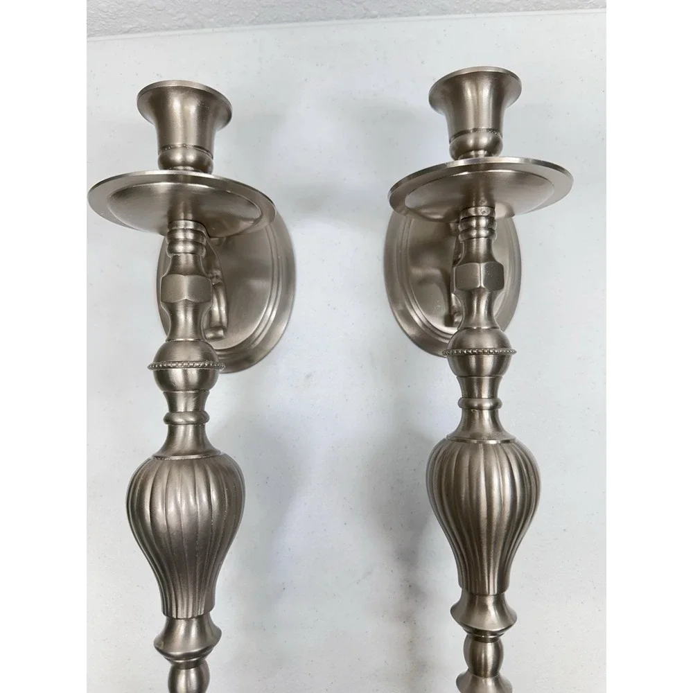 Vintage Pair (2) Pewter Finished Wall Candle Holder Sconces Heavy Cast Metal